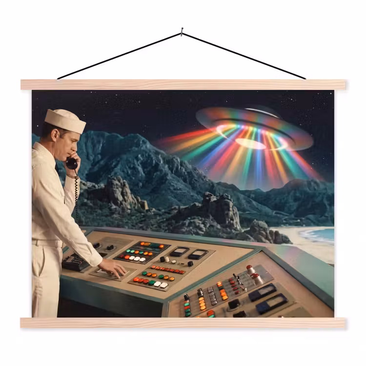 Schoolplaat - Man - Controlekamer - Strand - Man - Controlekamer - Strand textielposter latten blank klein