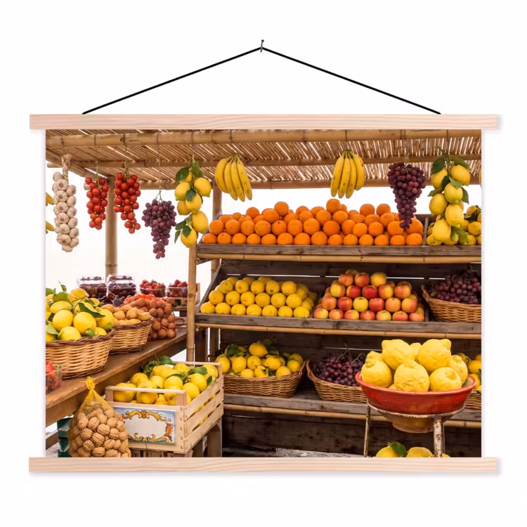 Schoolplaat - Marktkraam - Fruit - Vers - Marktkraam - Fruit - Vers textielposter latten blank klein
