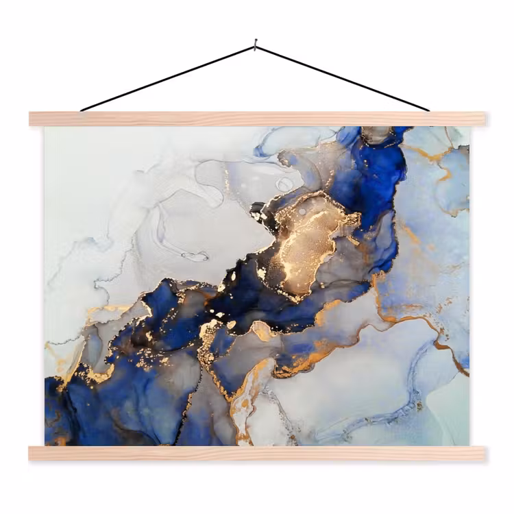 Marmer - Blauw - Goud textielposter latten blank klein -3d