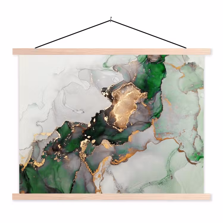 Marmer - Goud - Groen - Luxe textielposter latten blank klein -3d