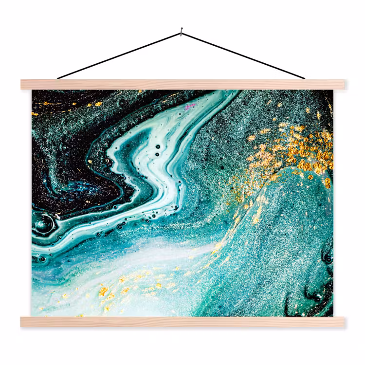 Marmerlook - Blauw - Goud - Glitter - Luxe - Marmer textielposter latten blank klein -3d