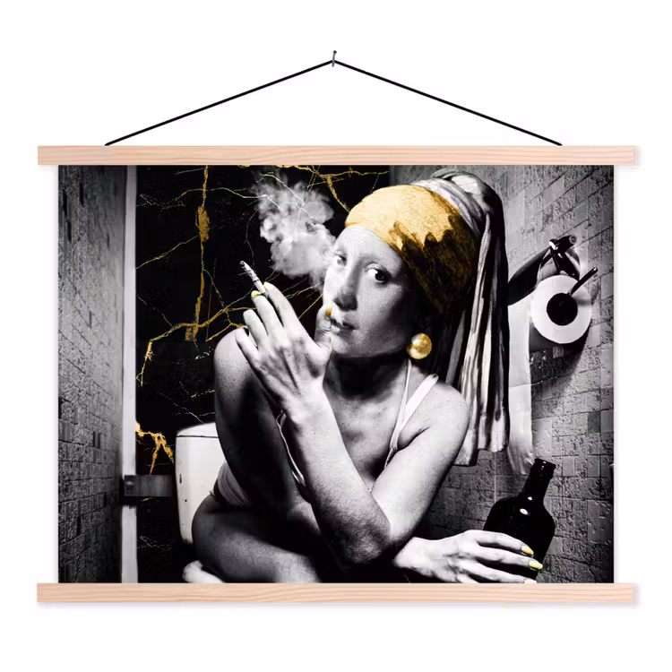 Marmerlook - Meisje met de parel - Sigaretten - Toilet - Goud - Kunst - Oude meesters textielposter latten blank klein -3d