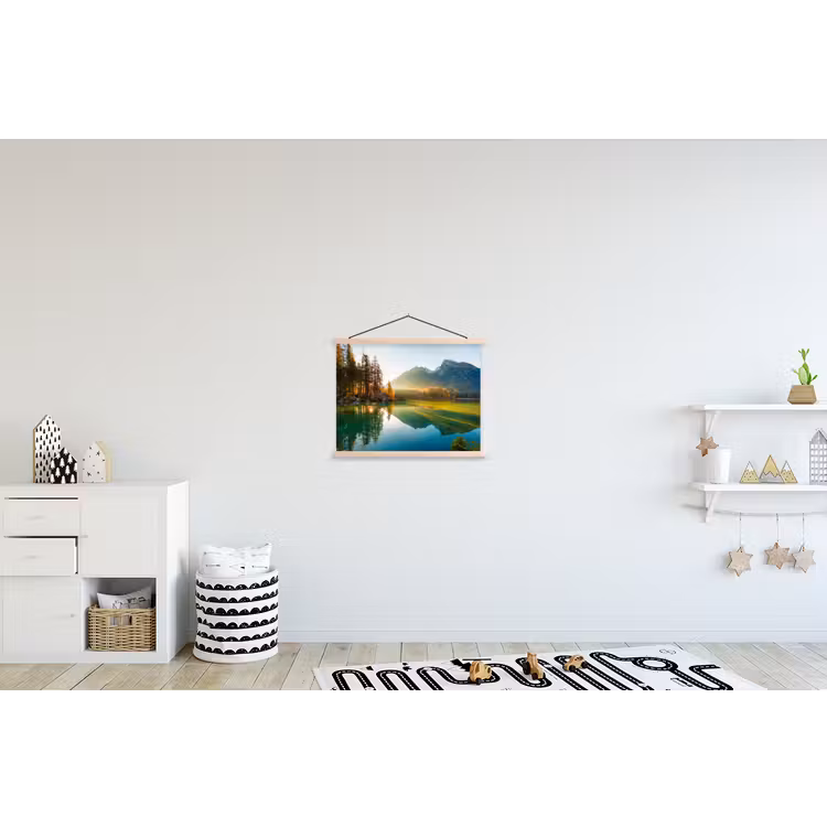 Meer - Bos - Bergen - Natuur - Zon - Landschap textielposter latten blank klein -kinderkamer