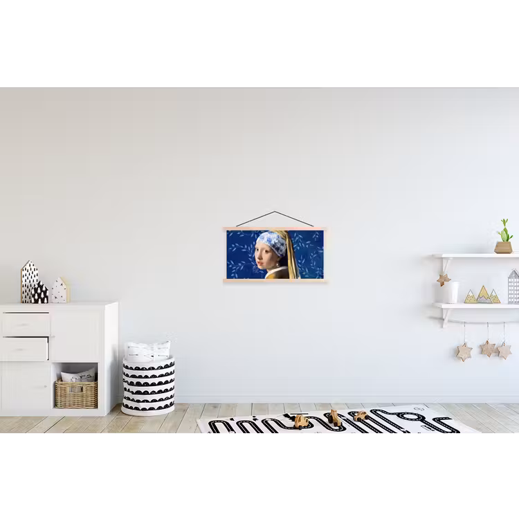 Meisje met de parel - Delfts blauw - Vermeer - Bloemen - Schilderij - Oude meesters textielposter latten blank klein -kinderkamer