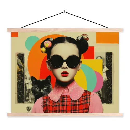 Meisje - Zonnebril - Kat - Retro textielposter latten blank klein -3d