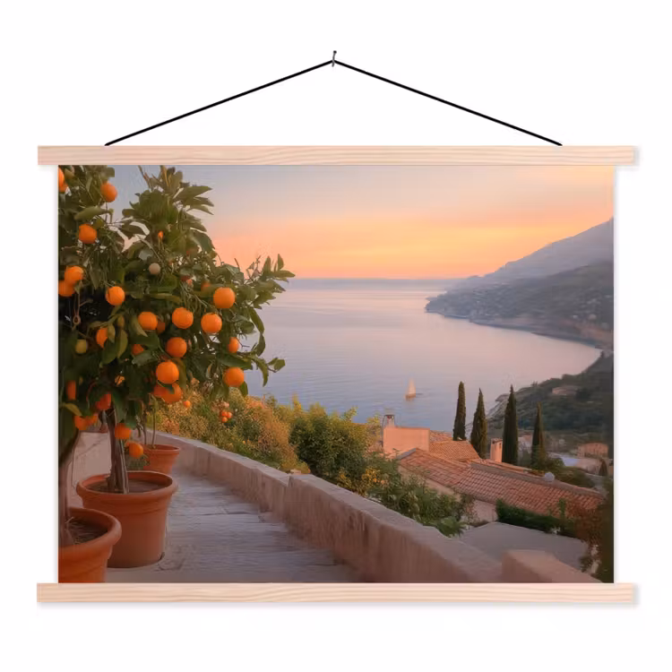 Middelandse zee - Sinaasappel - Heuvels - Zee textielposter latten blank klein -3d