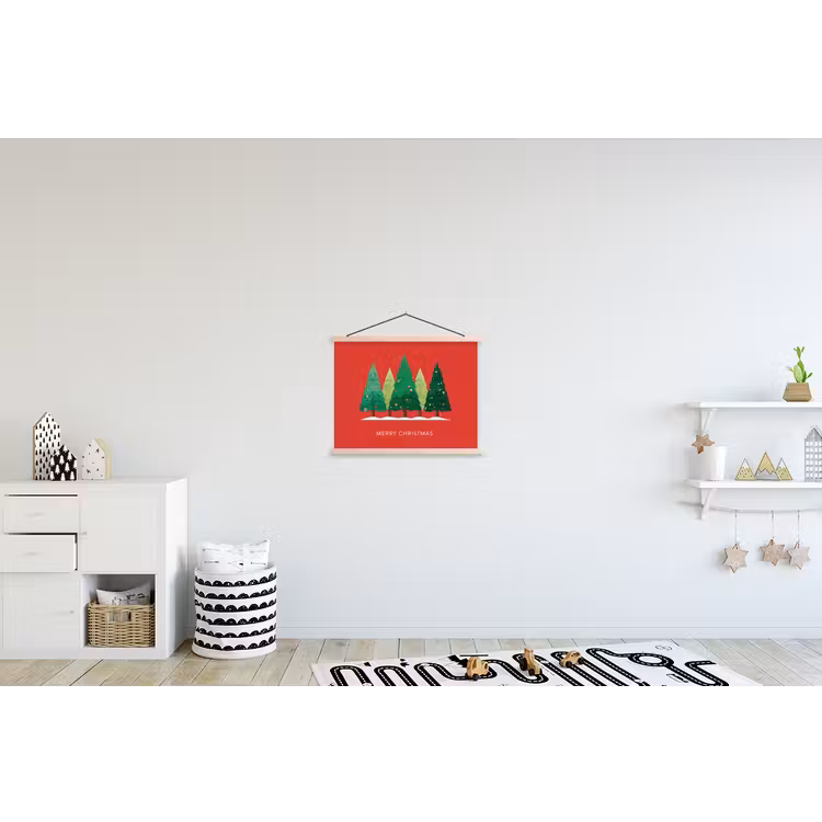 Minimalistisch - Kerstbomen - Rood - Sneeuw textielposter latten blank klein -kinderkamer
