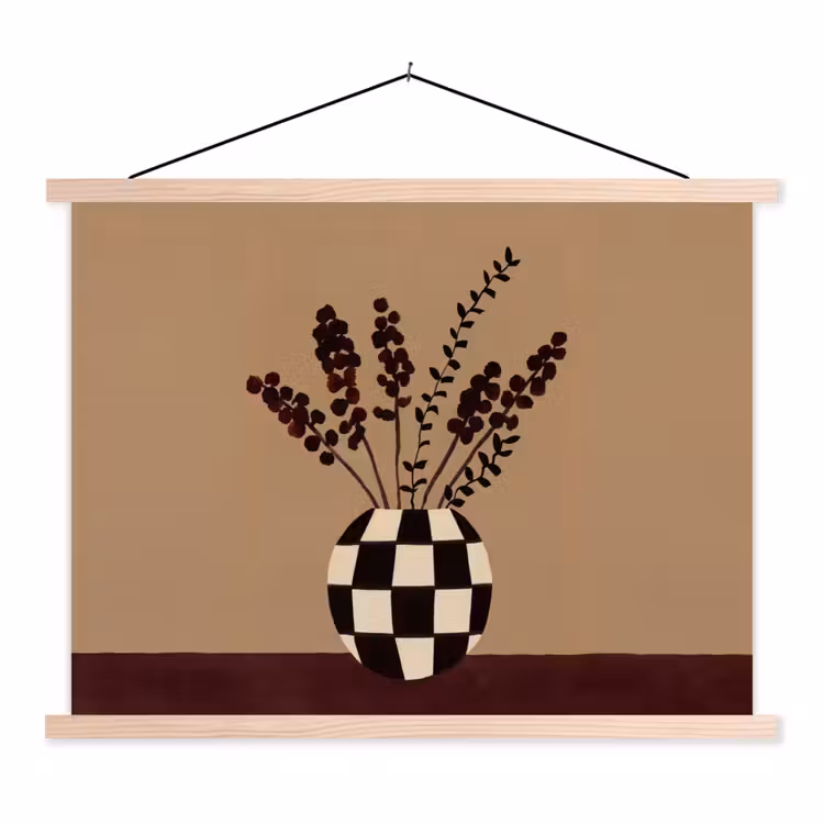 Minimalistisch - Vaas - Bloemen - Bruin textielposter latten blank klein -3d