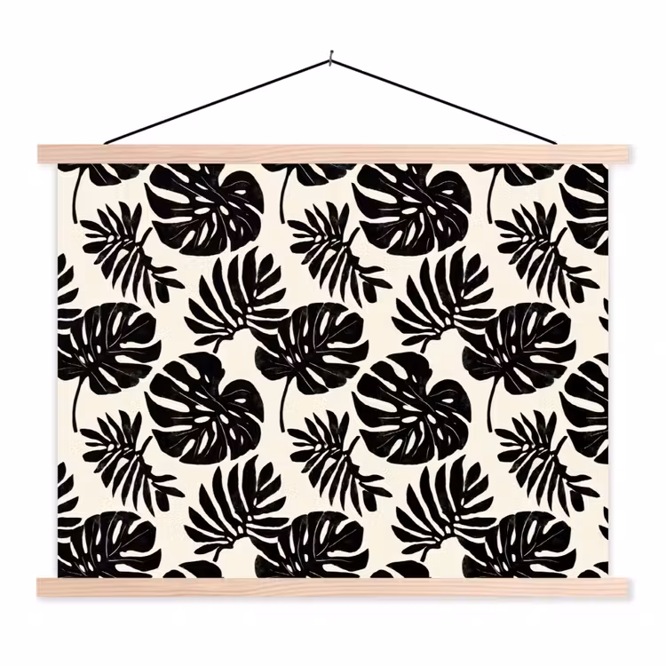 Modern - Monstera - Zwart textielposter latten blank klein 122 -3d