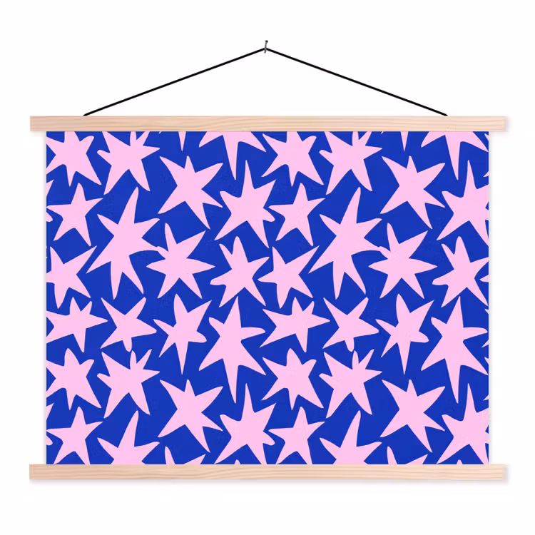Modern - Sterren - Blauw textielposter latten blank klein 122 -3d