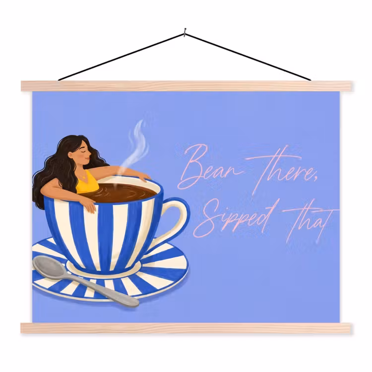 Mok - Koffie - Vrouw - Paars textielposter latten blank klein -3d