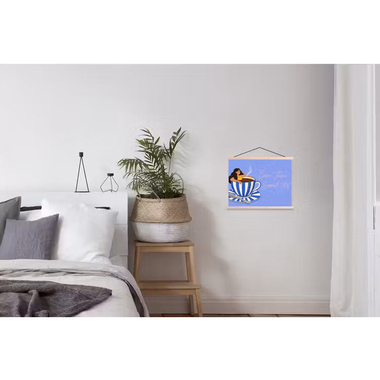 Mok - Koffie - Vrouw - Paars textielposter latten blank klein -woonkamer