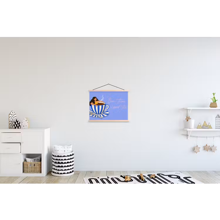 Mok - Koffie - Vrouw - Paars textielposter latten blank klein -kinderkamer