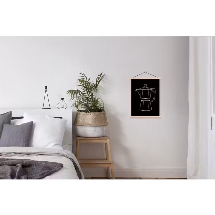 Mokkapot - Zwart - Wit - Lijntekening textielposter latten blank klein -woonkamer