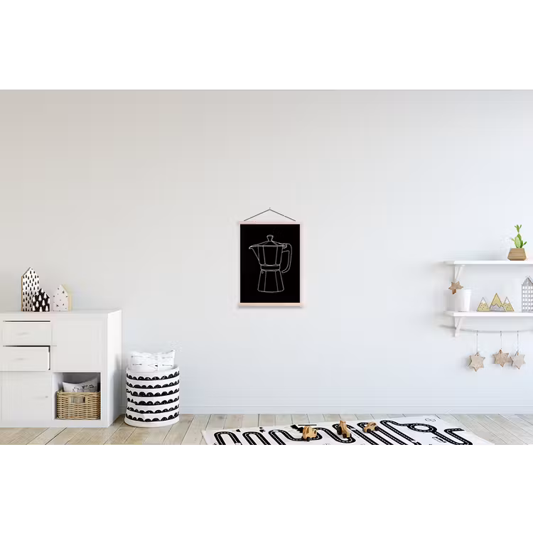Mokkapot - Zwart - Wit - Lijntekening textielposter latten blank klein -kinderkamer
