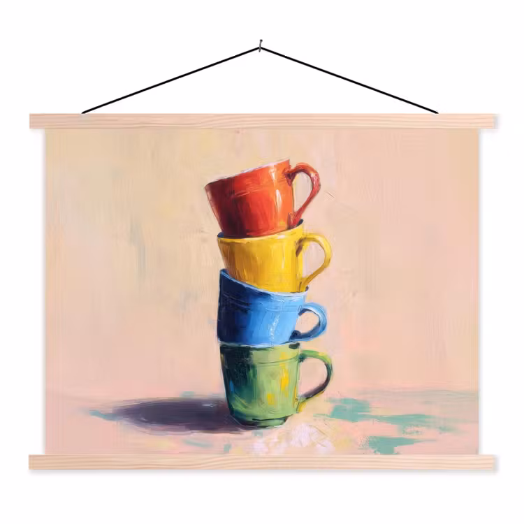 Mokken - Gestapeld - Keramiek - Kleurrijk textielposter latten blank klein -3d
