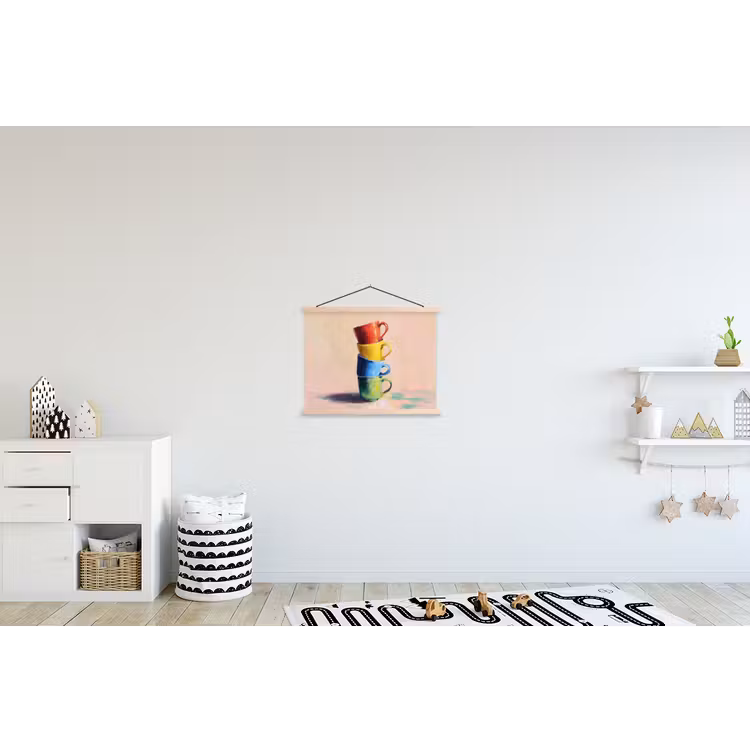 Mokken - Gestapeld - Keramiek - Kleurrijk textielposter latten blank klein -kinderkamer