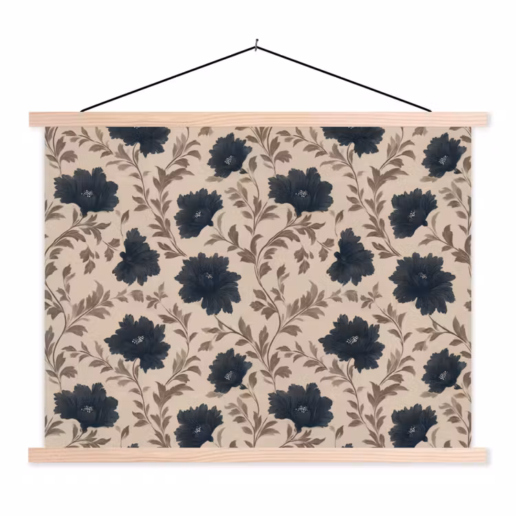 Motief - Bloemen - Zwart - Beige textielposter latten blank klein 122 -3d
