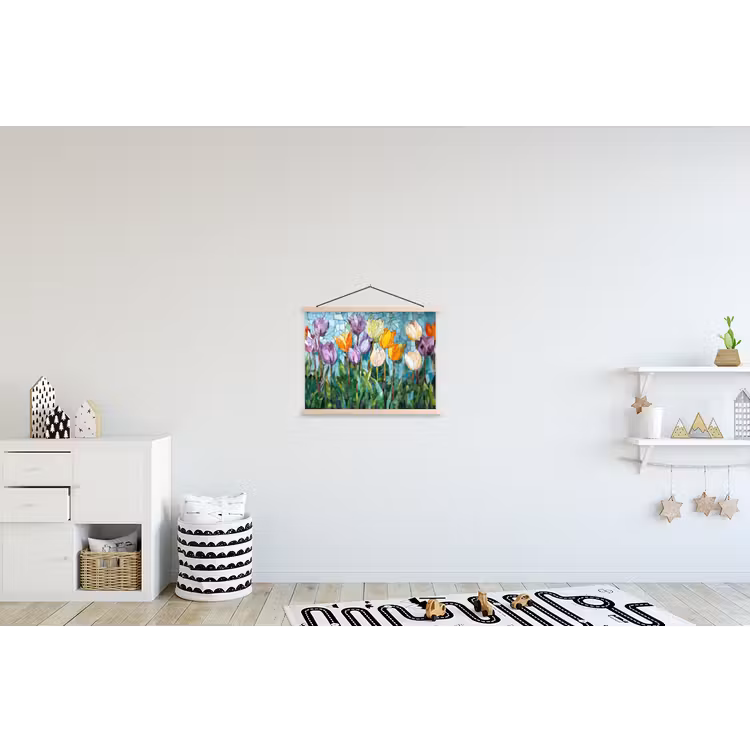 Mozaïek - Veld - Tulpen - Kleurrijk textielposter latten blank klein -kinderkamer
