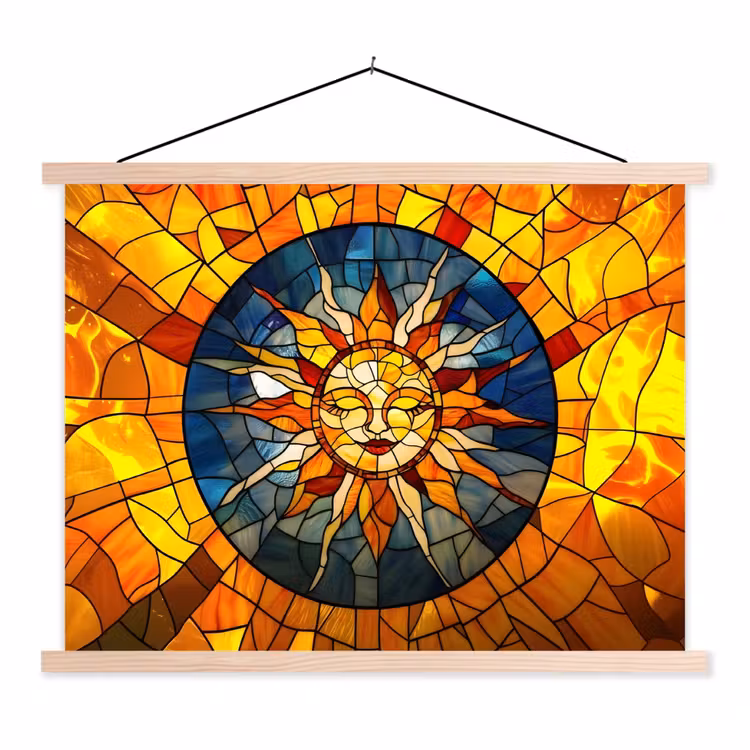Mozaïek - Zon - Geel - Cirkel textielposter latten blank klein -3d