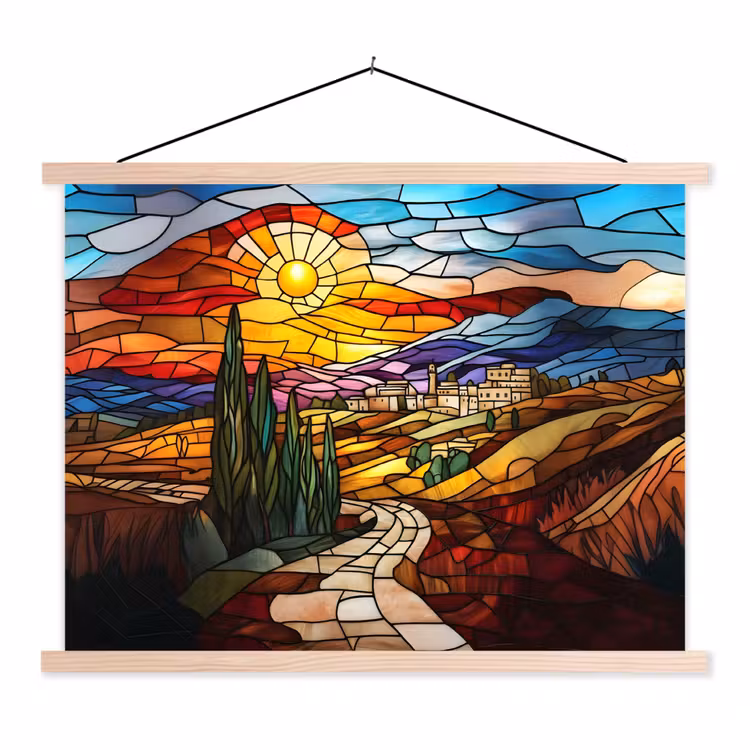 Mozaïek - Zon - Landschap - Dorp textielposter latten blank klein -3d