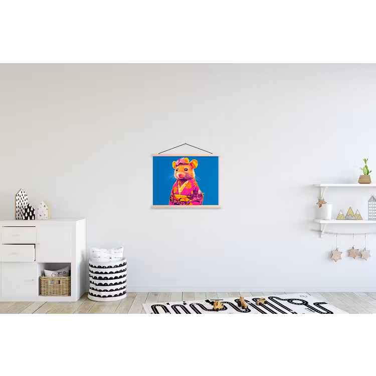 Muis - Kimono - Bloemen - Blauw textielposter latten blank klein -kinderkamer