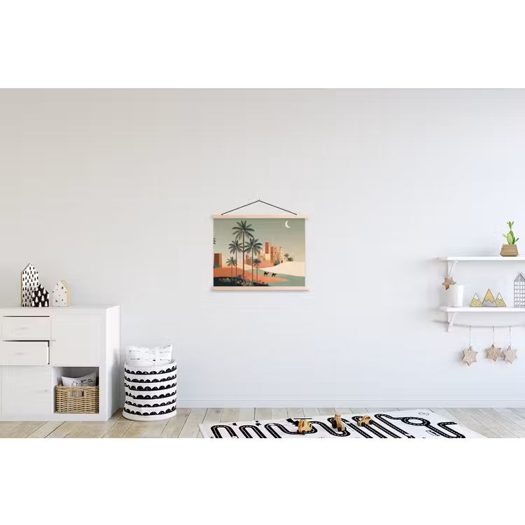 Nachtlandschap - Kamelen - Sterren - zandduinden textielposter latten blank klein -kinderkamer