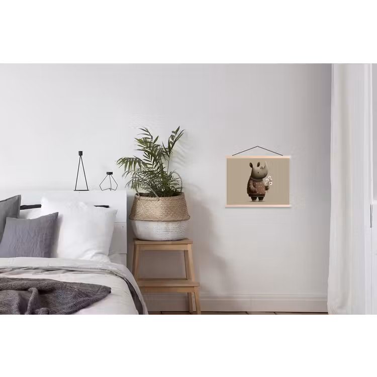 Neushoorn - Witte bloemen - Lief textielposter latten blank klein -woonkamer