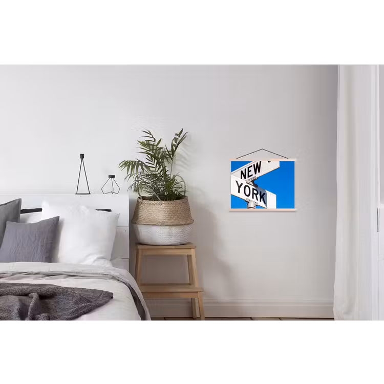 New York - Straatbord - Stad - Urban - Blauw textielposter latten blank klein -woonkamer