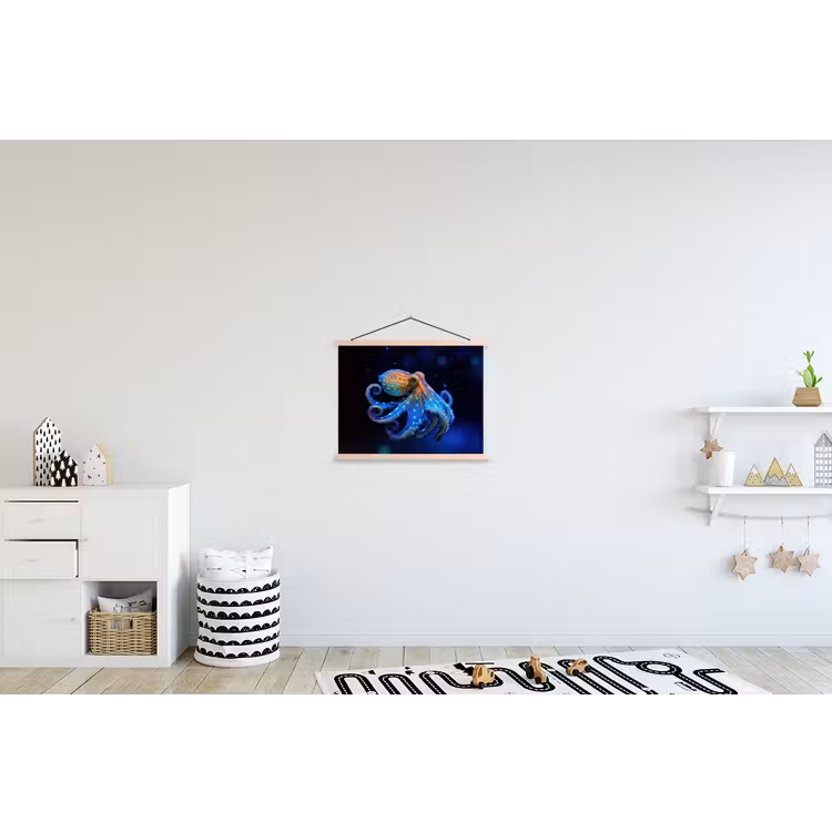Octopus - Stippen - Blauw - Zee textielposter latten blank klein -kinderkamer