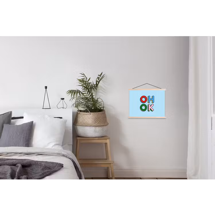 Oh ok - Blauw - Kleurrijk textielposter latten blank klein -woonkamer