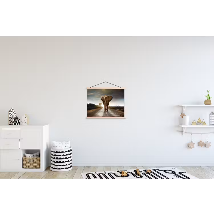 Olifant - Weg - Dieren - Zonsondergang - Landschap textielposter latten blank klein -kinderkamer