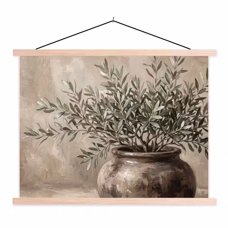 Olijfplant - Aardenpot - Abstract - Beige textielposter latten blank klein -3d
