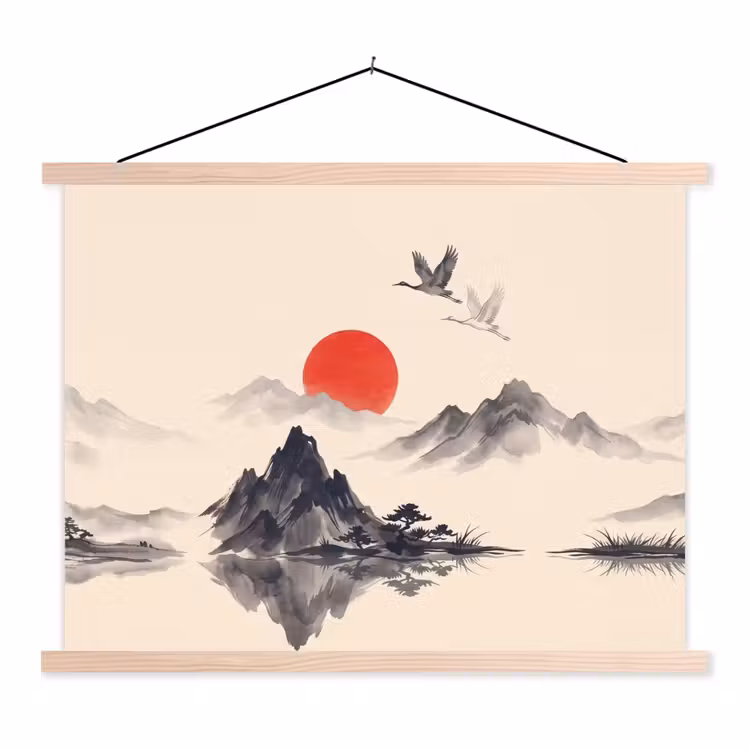 Oosters - Kraanvogels - Landschap textielposter latten blank klein -3d