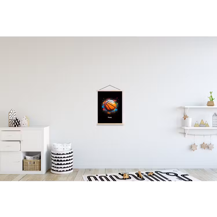 Oranje basketbal te midden van verfspetters textielposter latten blank klein -kinderkamer