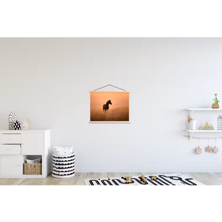 Paard - Grasveld - Zonsondergang textielposter latten blank klein -kinderkamer