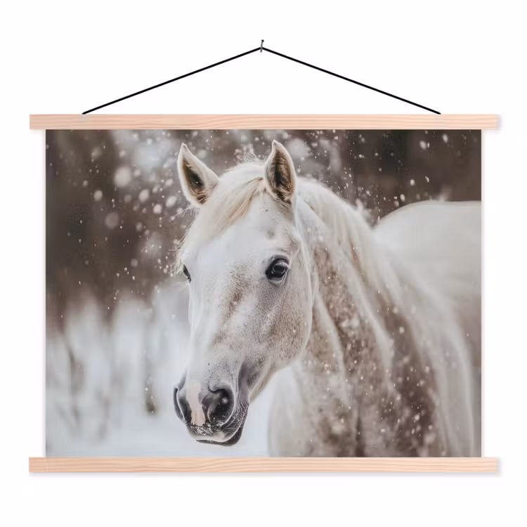 Paard - Wit - Winter - Natuur - Sneeuw - Dieren textielposter latten blank klein -3d