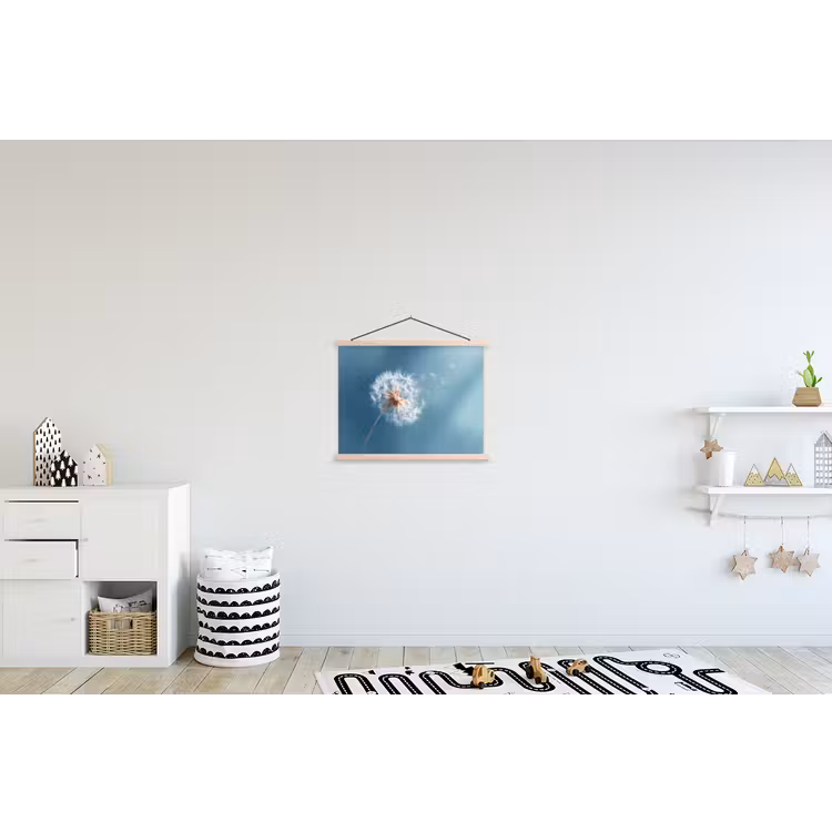 Paardenbloem - Wind - Blauw textielposter latten blank klein -kinderkamer