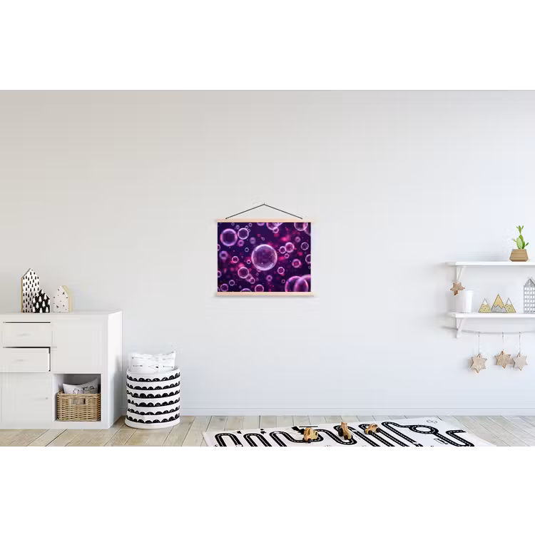 Paars - Bubbels - Schuim textielposter latten blank klein -kinderkamer