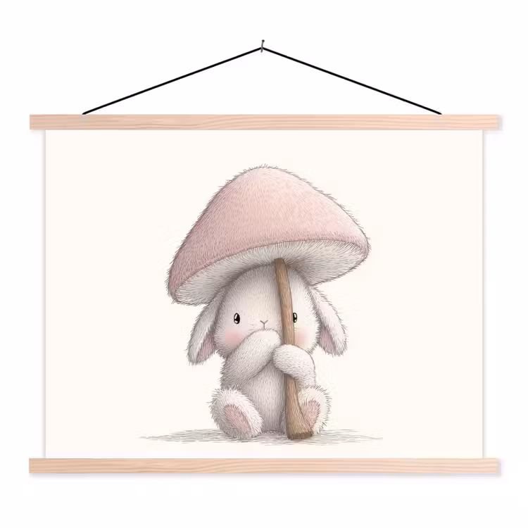 Paddenstoel - Konijn - Roze textielposter latten blank klein -3d