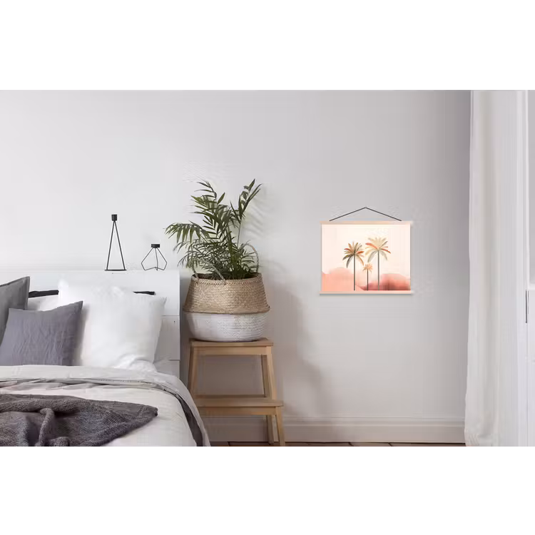 Palmbomen - Heuvels - Minimalistisch - Zachtroze textielposter latten blank klein -woonkamer