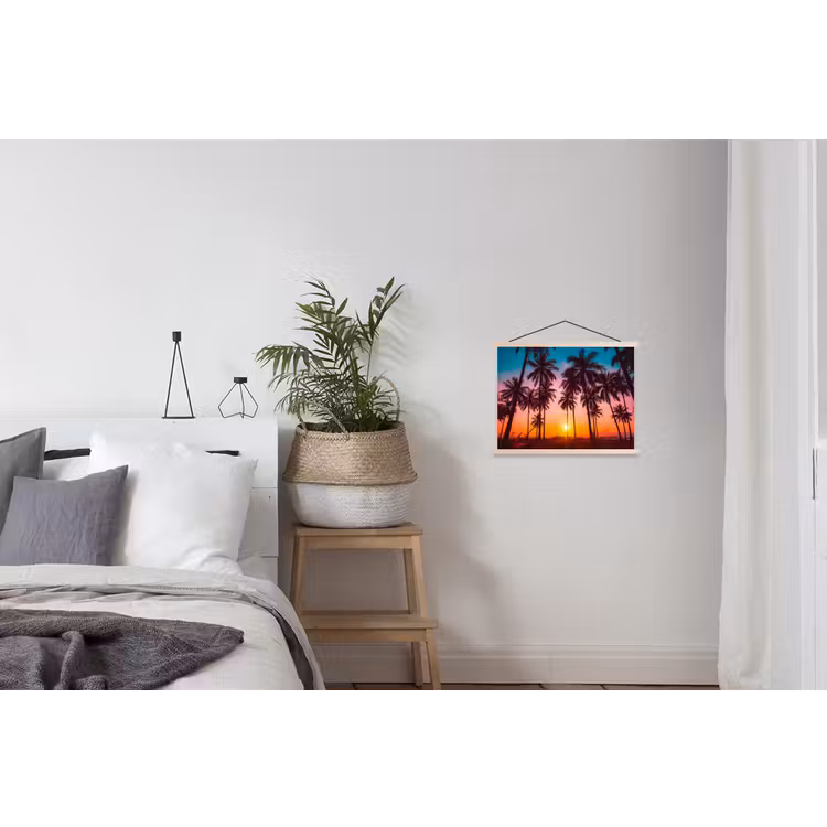 Palmboom - Zonsondergang - Horizon - Strand - Oranje - Roze textielposter latten blank klein -woonkamer
