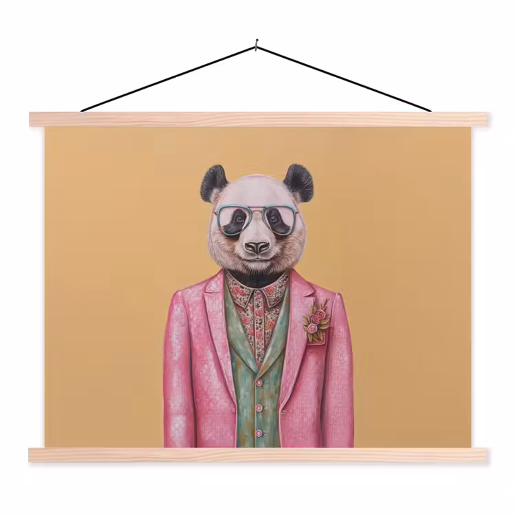 Panda - Pak - Zonnebril - Blauw textielposter latten blank klein -3d