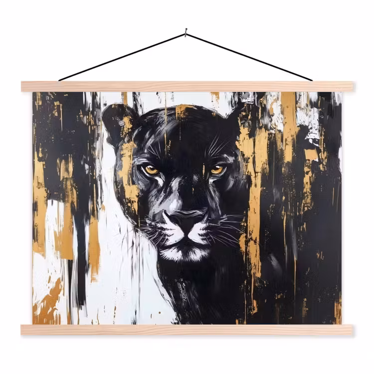 Panter - Zwart - Abstract - Verfstreken textielposter latten blank klein -3d