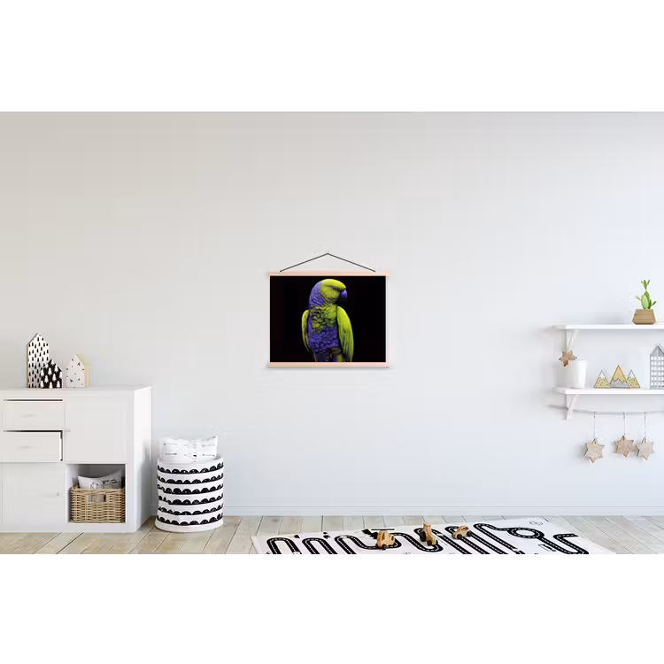 Papegaai - Veren - Opvallend - Groen textielposter latten blank klein -kinderkamer