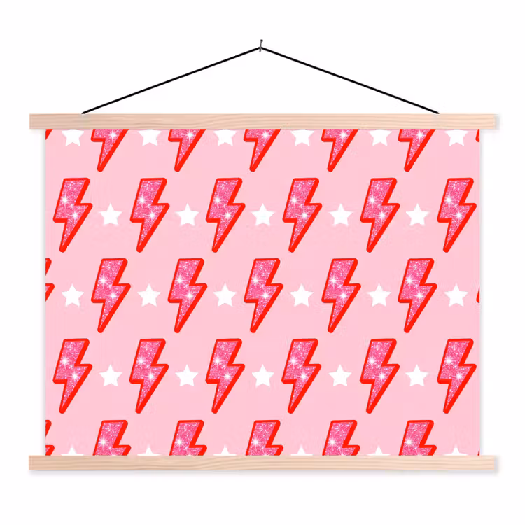 Patroon - Bliksem - Ster - Glitter - Roze textielposter latten blank klein -3d