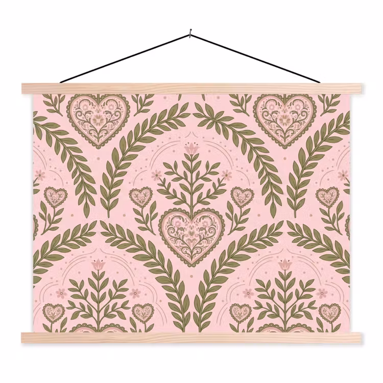 Patroon - Hart - Bloemen - Folkloristisch - Roze textielposter latten blank klein -3d