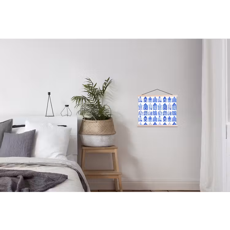 Patroon - Huizen - Blauw textielposter latten blank klein 122 -woonkamer