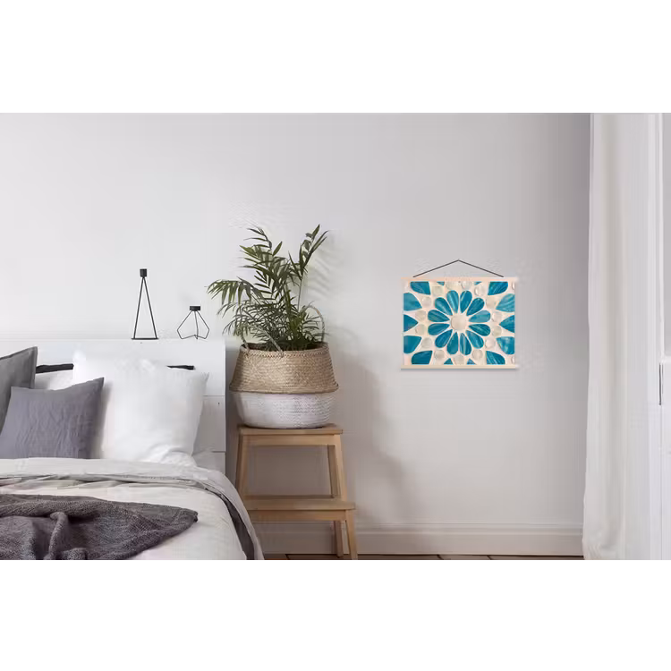 Patroon - Mozaïek - Schelpen - Abstract - Turquoise textielposter latten blank klein -woonkamer