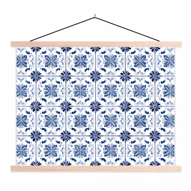 Patroon - Tegel - Blauw textielposter latten blank klein 122 -3d